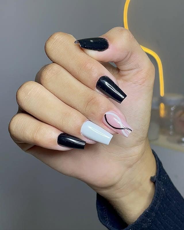 1. Glossy Black, White & Blush Abstract Coffin Nails - awesome nail ideas