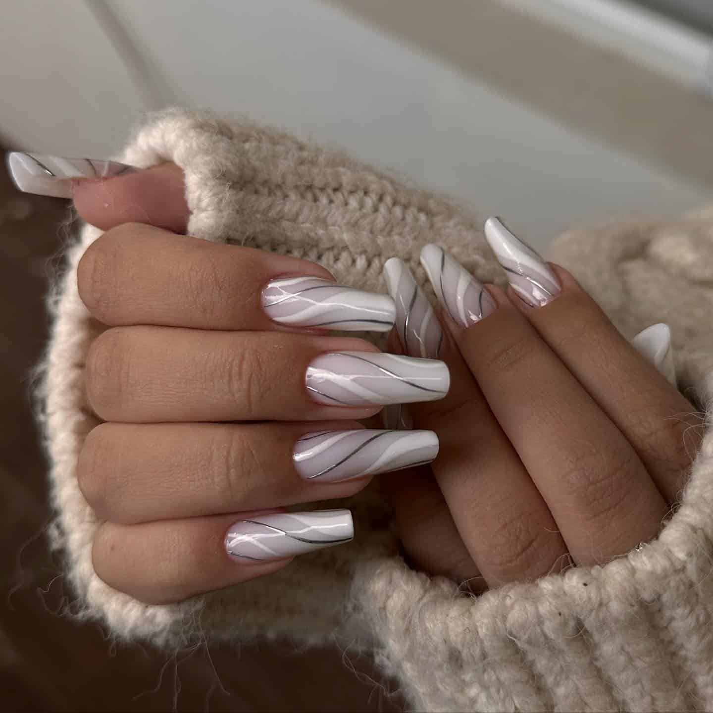 4. White & Silver Swirl Long Coffin Nails - awesome nail ideas