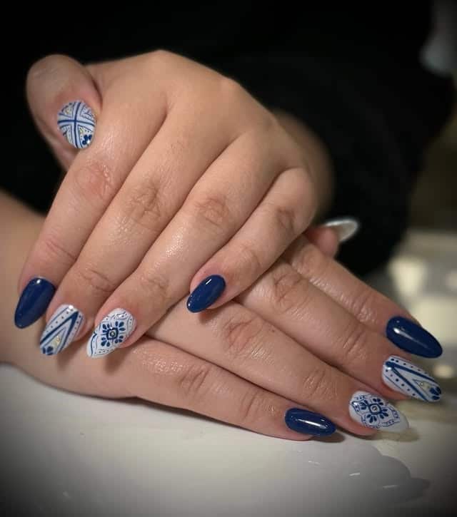 10. Cobalt Blue & White Porcelain Almond Nails - awesome nail ideas