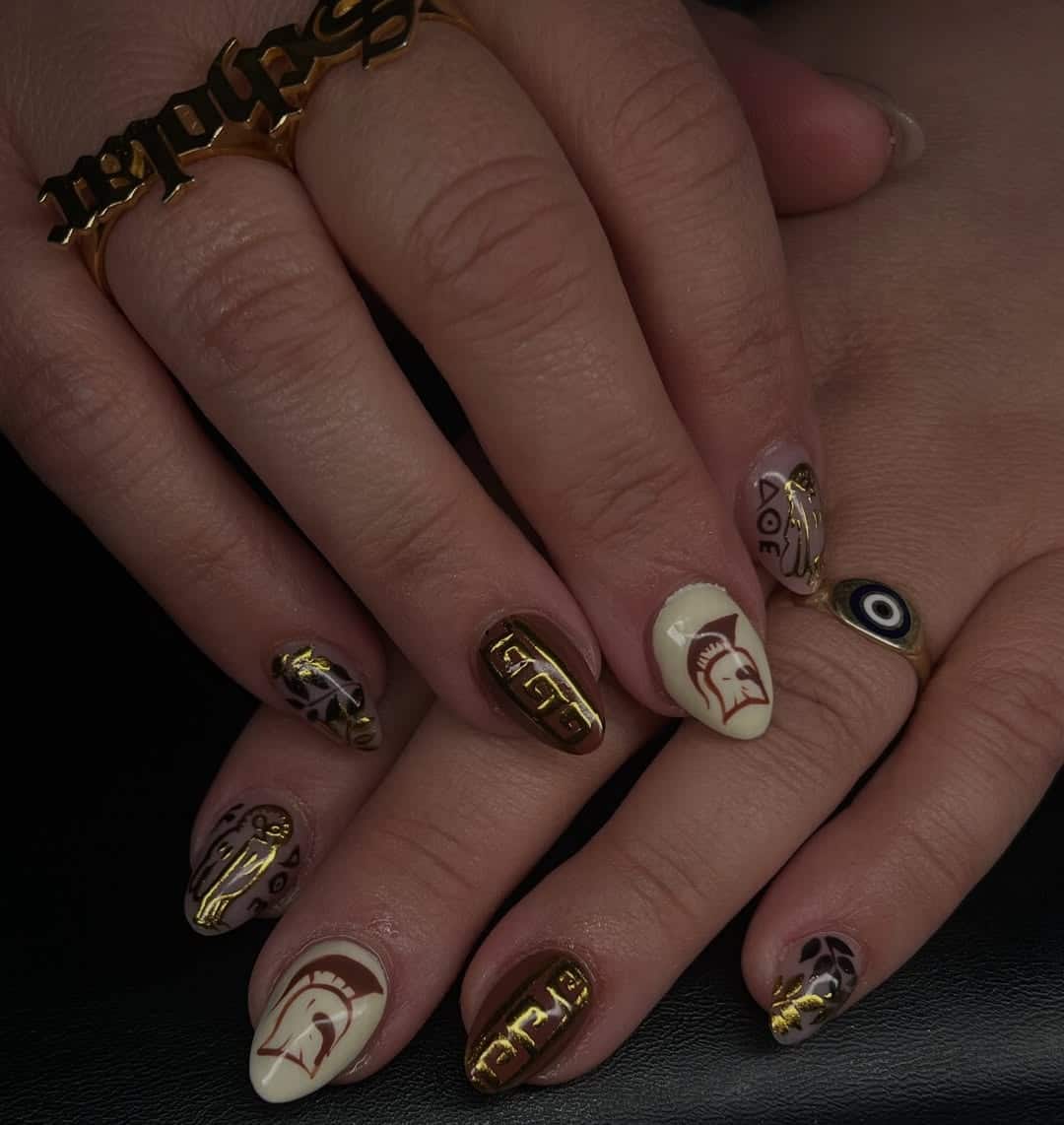 12. Brown, Cream & Gold Collegiate Almond Nails - awesome nail ideas