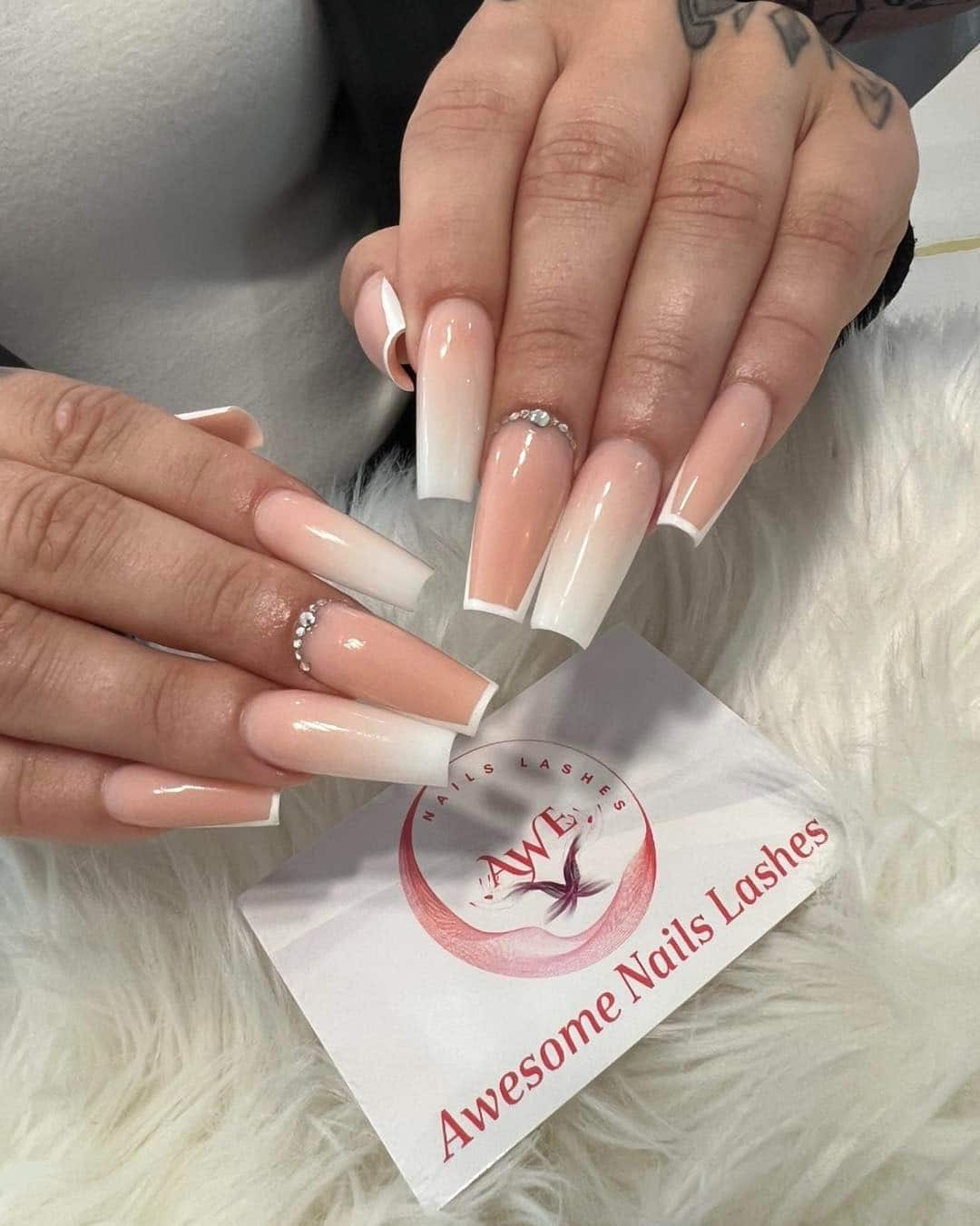 13. Blush Ombré French Coffin Nails with Rhinestones - awesome nail ideas