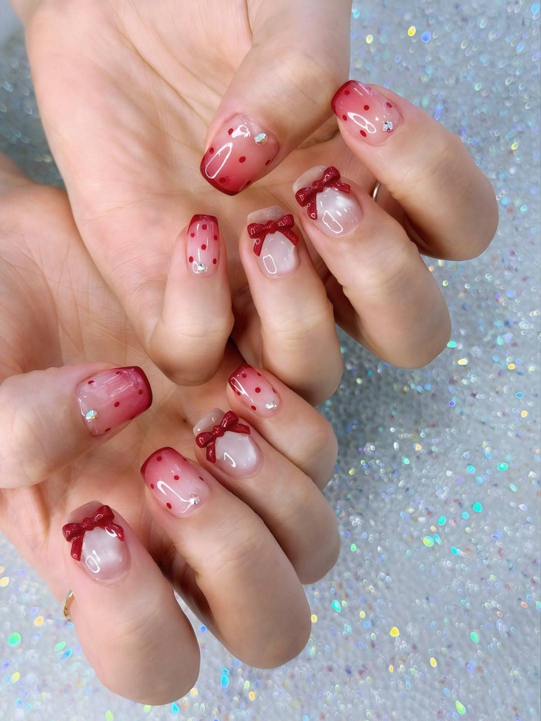 14. Red Polka Dot & Bow Short Square Nails - awesome nail ideas