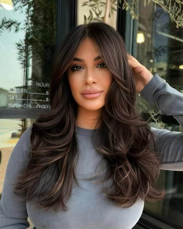 1. Deep Espresso Long Cascading Layers - Layered Hairstyles