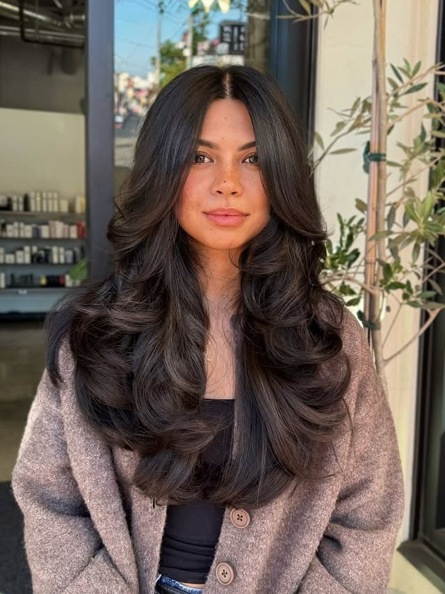 8. Dark Espresso Long Layers with Voluminous Face Framing - Layered Hairstyles