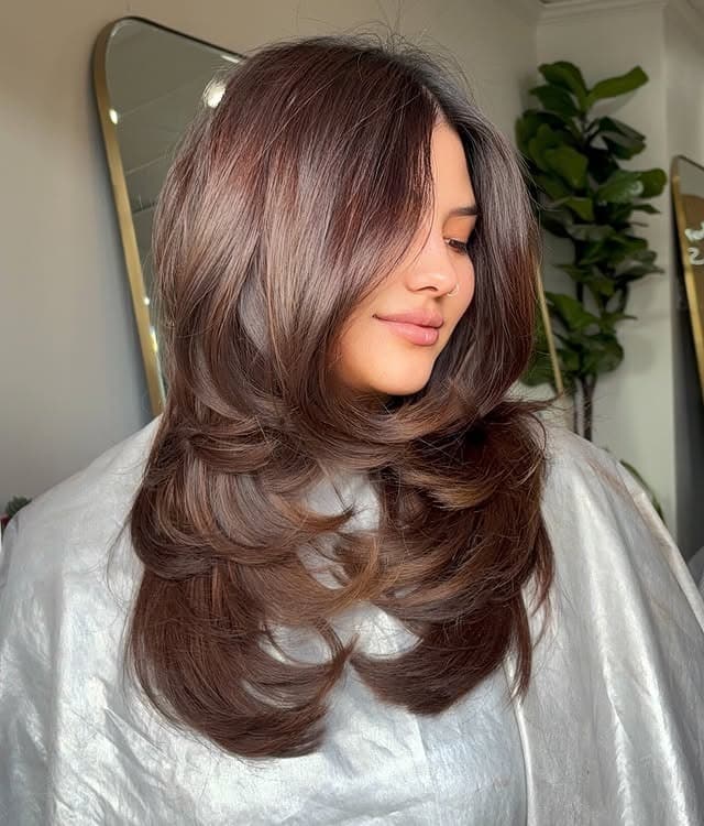 9. Cinnamon Chocolate Butterfly Layers with Curtain Fringe - Layered Hairstyles