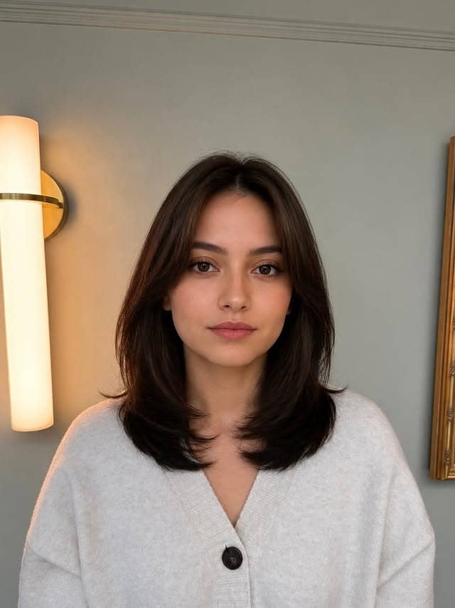 14. Dark Chocolate Shoulder-Length Layers with Curtain Bangs - Layered Hairstyles
