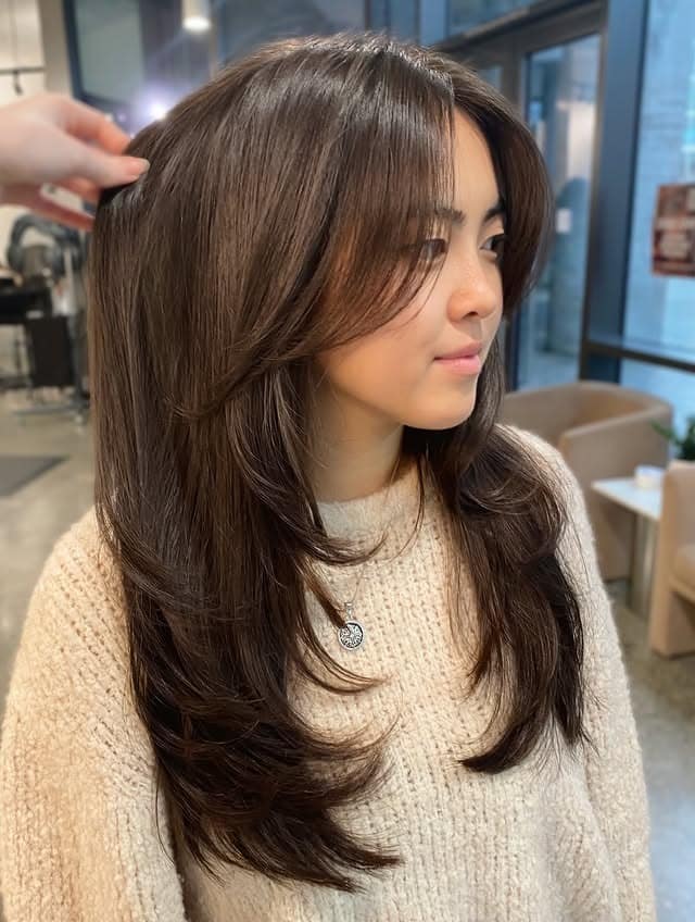 20. Rich Chocolate Brown Long Layers with Curtain Bangs - Layered Hairstyles