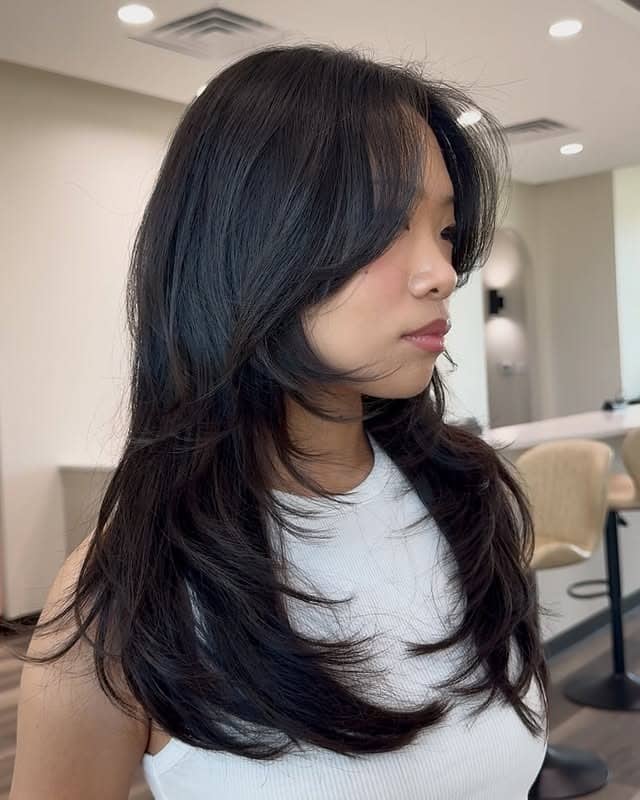 22. Soft Black Butterfly Layers with Curtain Bangs - Layered Hairstyles