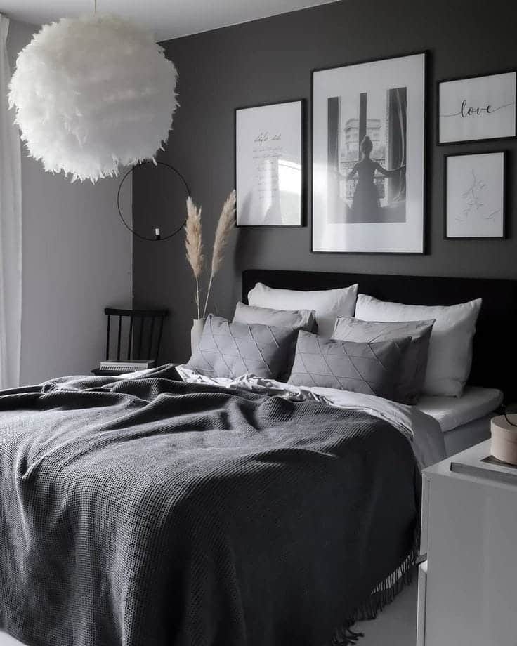 2. Soft Silver and Graphite Gallery Wall Bedroom - silver black bedroom ideas
