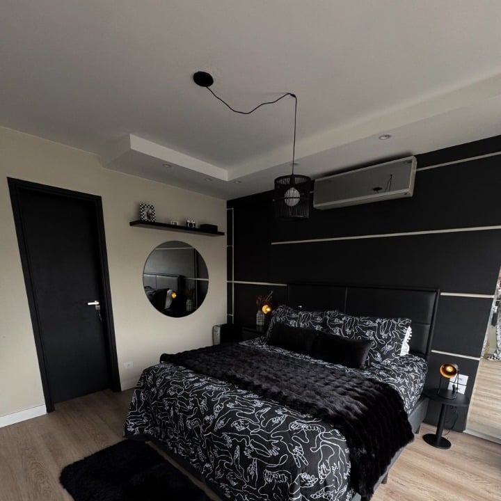 4. Modern Matte Black and Silver Accent Bedroom - silver black bedroom ideas