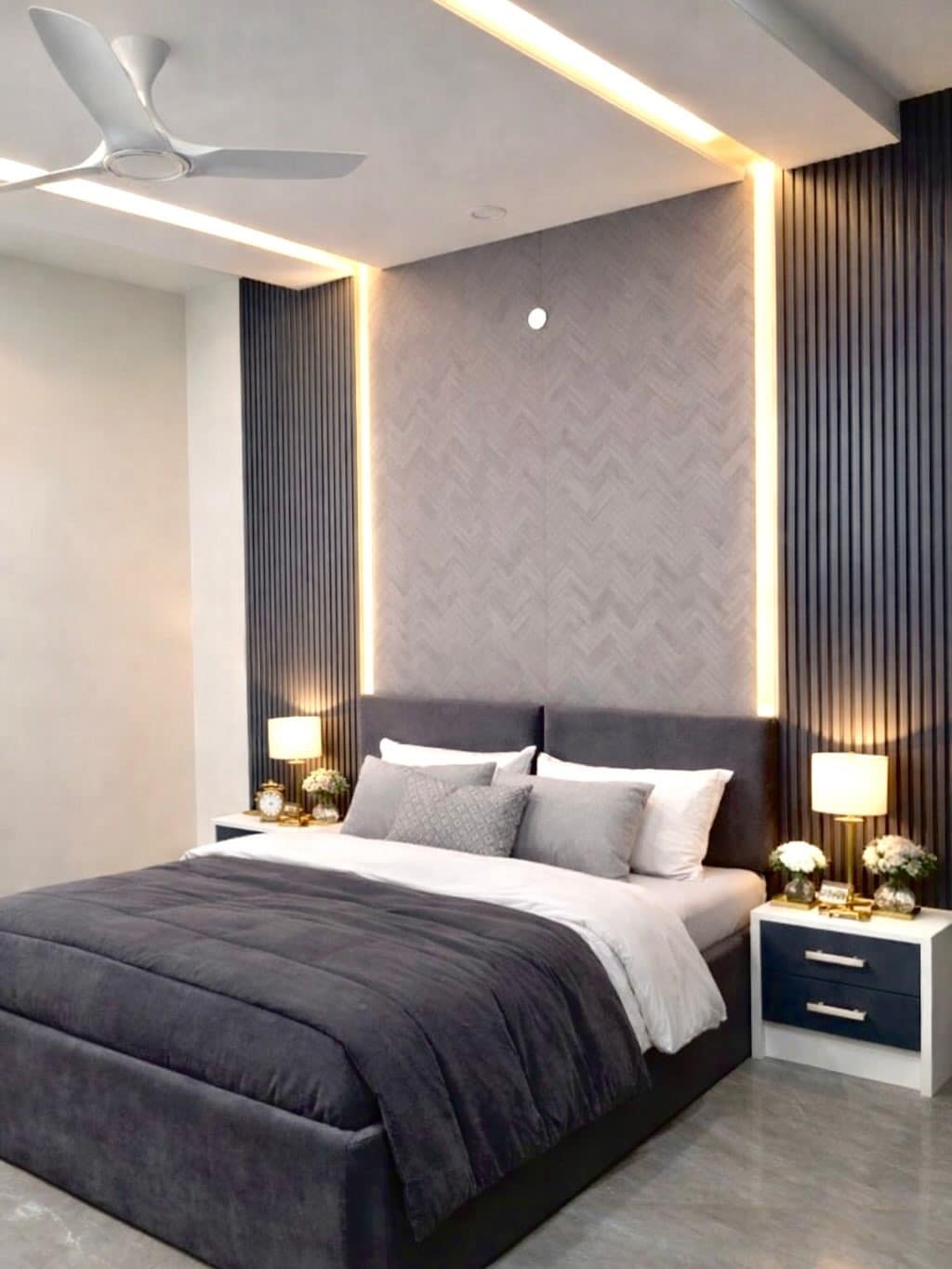 7. Warm Silver Gray and Black Slatted Bedroom - silver black bedroom ideas
