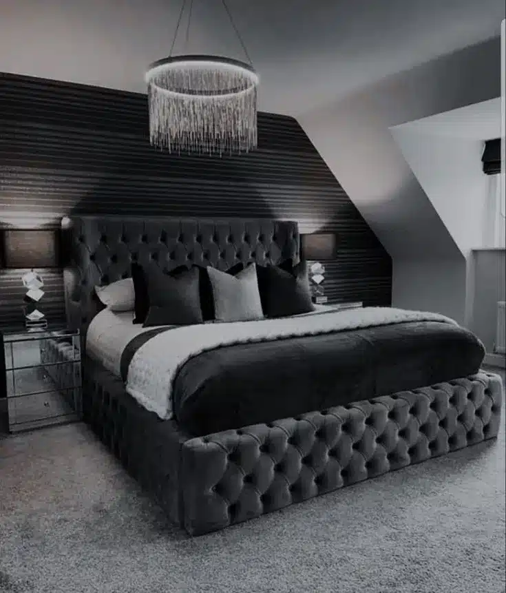 8. Moody Silver and Black Tufted Attic Bedroom - silver black bedroom ideas