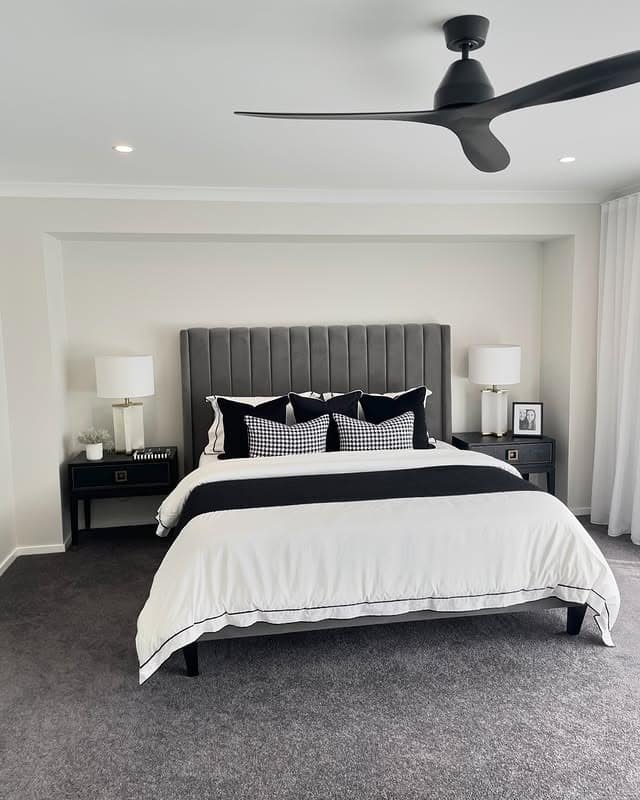 11. Crisp Silver Gray and Black Hotel-Style Bedroom - silver black bedroom ideas