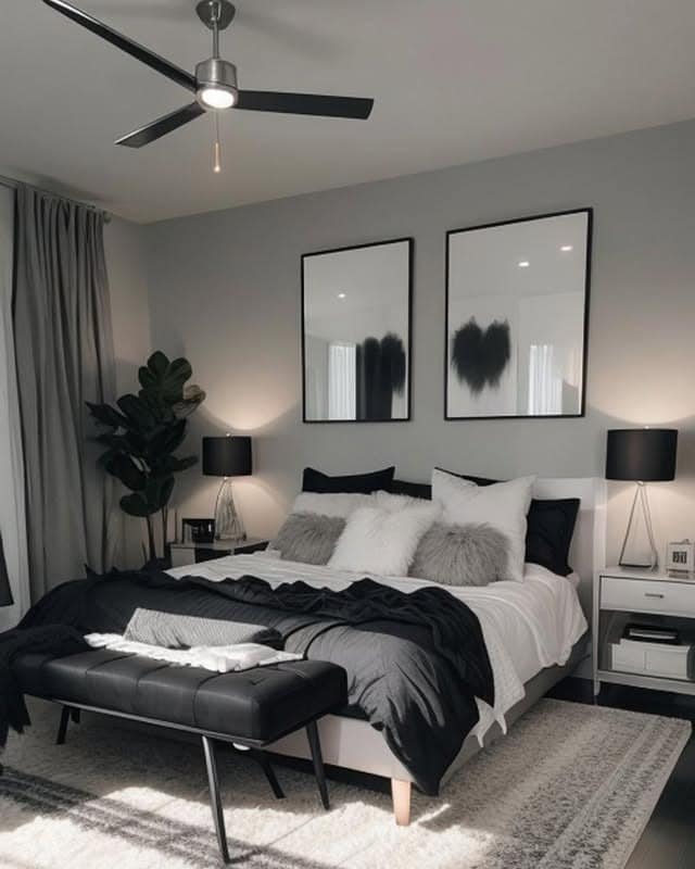 12. Layered Silver, Black and White Cozy Bedroom - silver black bedroom ideas