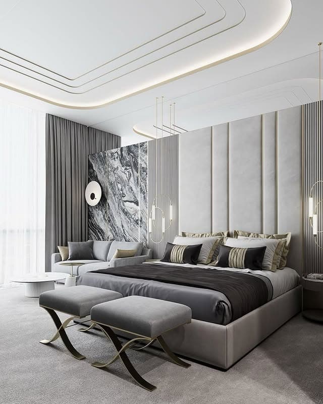 16. Luxe Silver, Graphite and Black Feature-Wall Bedroom - silver black bedroom ideas