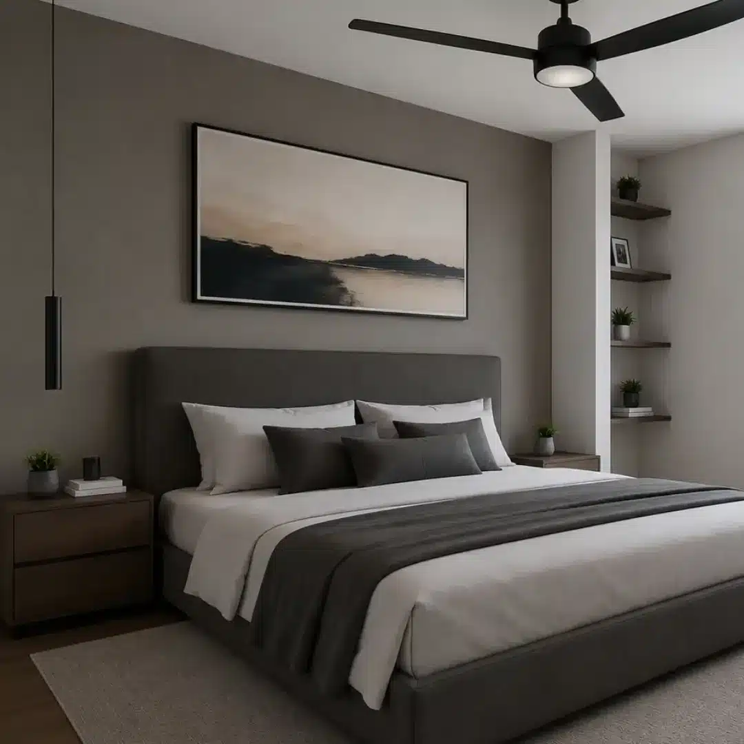 17. Warm Graphite and Silver Minimalist Bedroom - silver black bedroom ideas