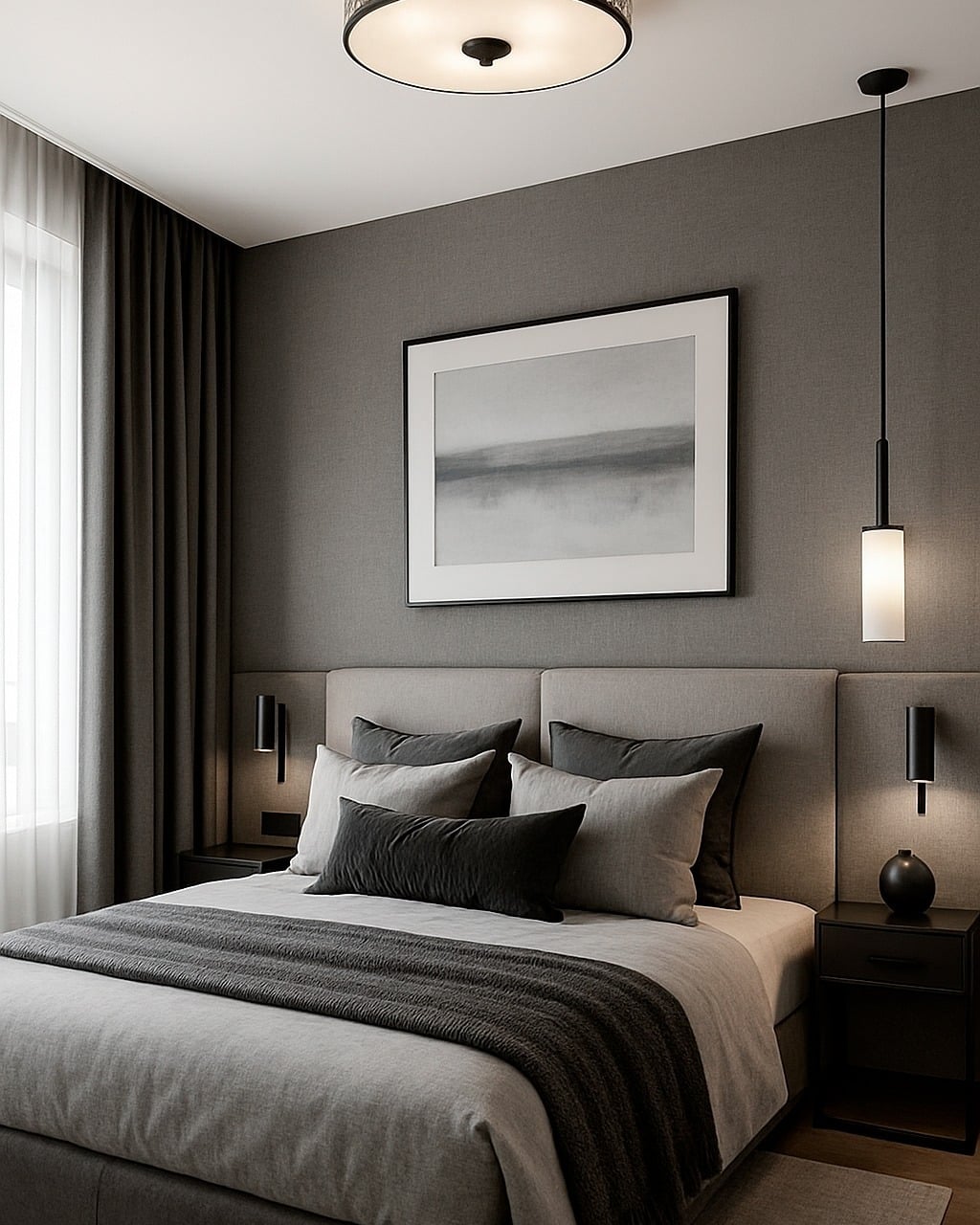 19. Refined Charcoal and Soft Silver Contemporary Bedroom - silver black bedroom ideas