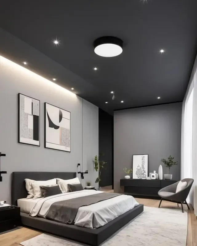 21. Modern Charcoal Black Ceiling and Silver Gray Bedroom - silver black bedroom ideas