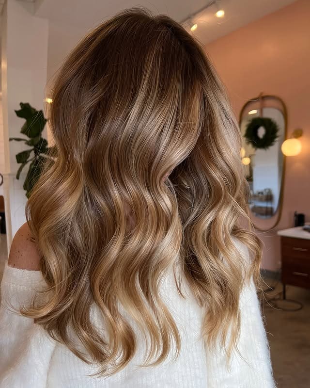 8. Golden Honey Bronde with Glamorous Waves - Bronde Hair Color