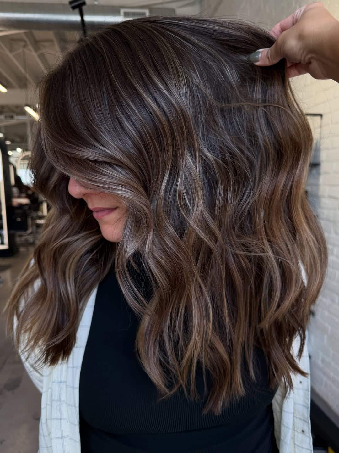 21. Mocha Bronde Lob with Dimensional Waves - Bronde Hair Color