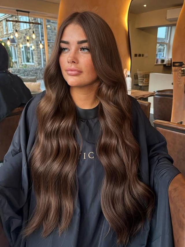 3. Glossy Chestnut Brown Center-Part Waves - Warm Brown Hair Color