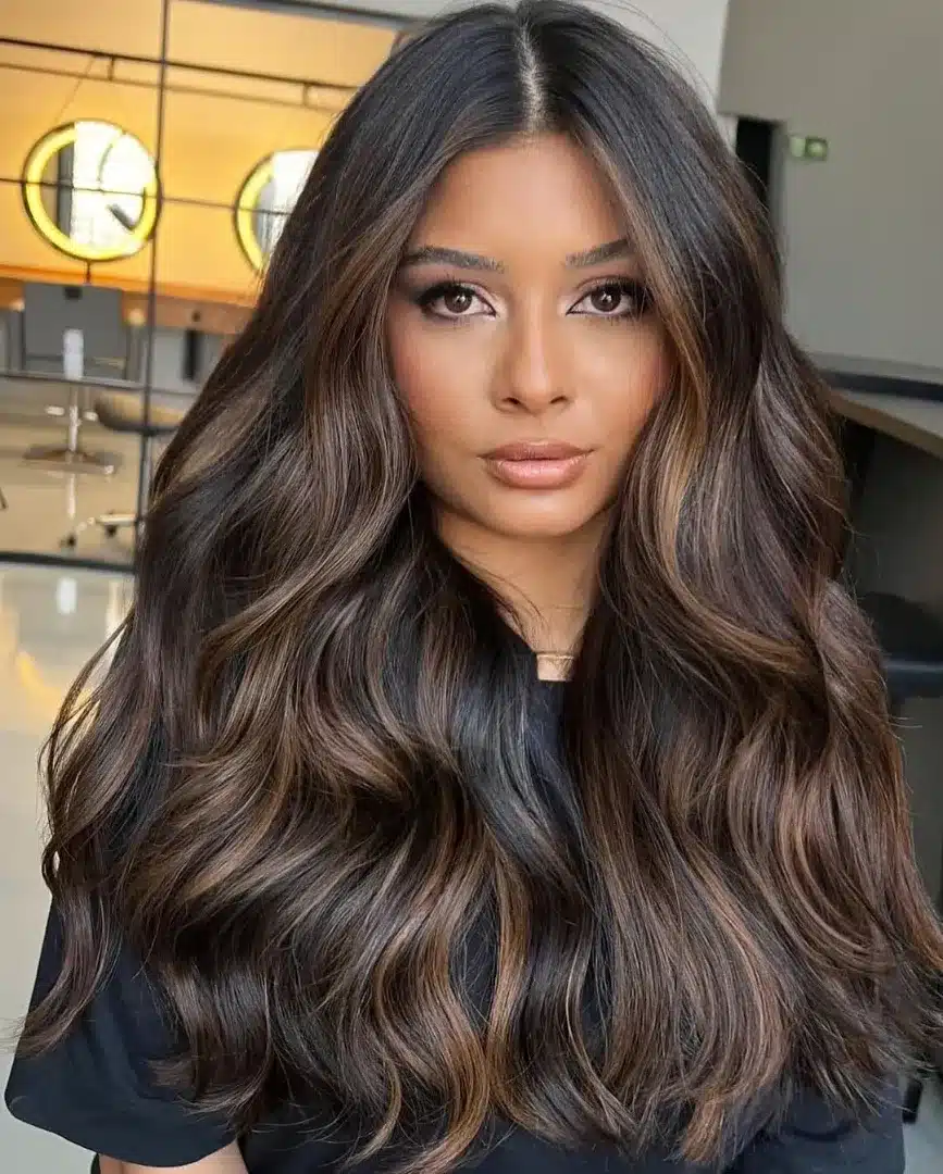 16. Espresso Brown with Caramel Ribbon Waves - Warm Brown Hair Color