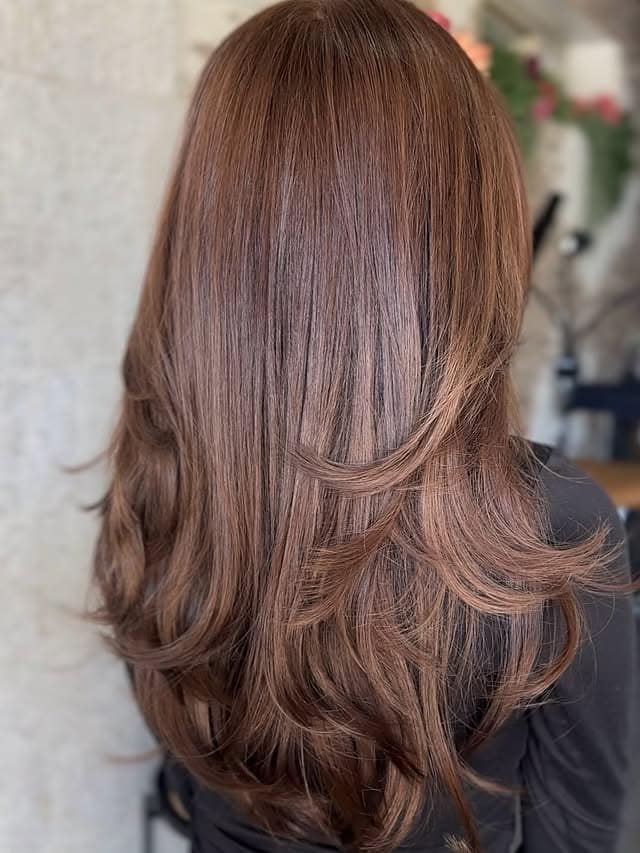 17. Cinnamon Mocha Brown Layered Blowout - Warm Brown Hair Color