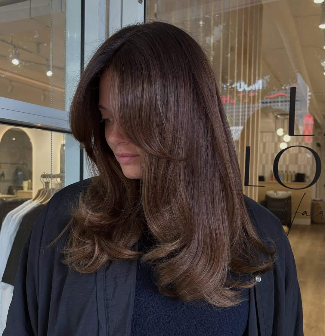 22. Mocha Chocolate Brown Layered Blowout - Warm Brown Hair Color