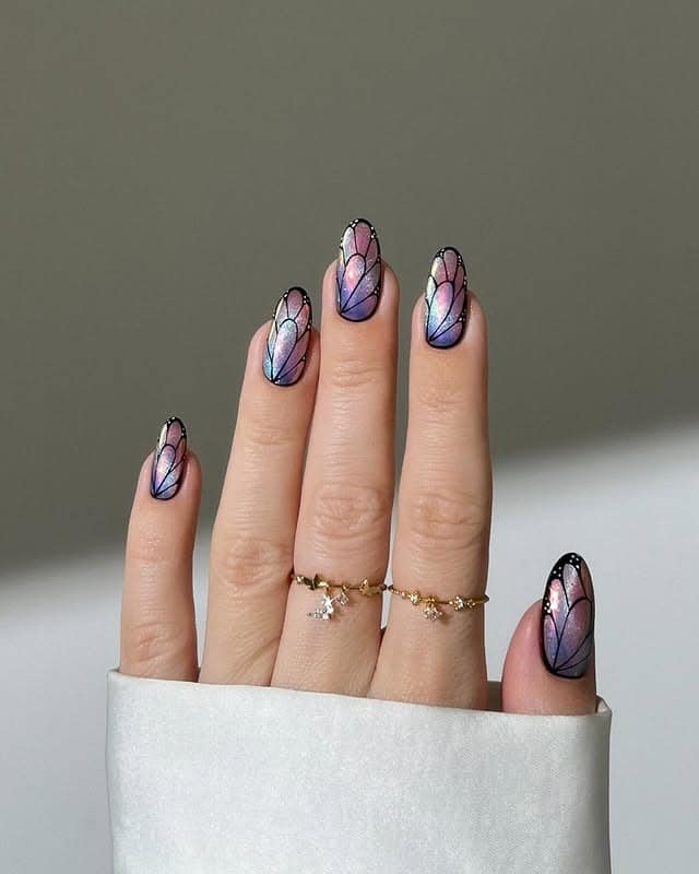 1. Pastel Aurora Butterfly Wing Almond Nails - butterfly nail ideas