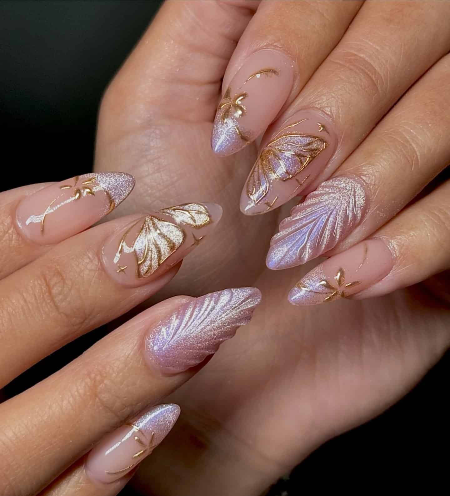 2. Blush Pink and Lilac Gilded Butterfly Nails - butterfly nail ideas
