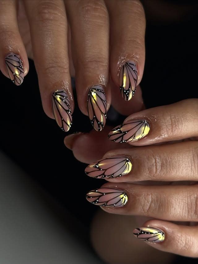 3. Blush Pink Iridescent Monarch Wing Nails - butterfly nail ideas