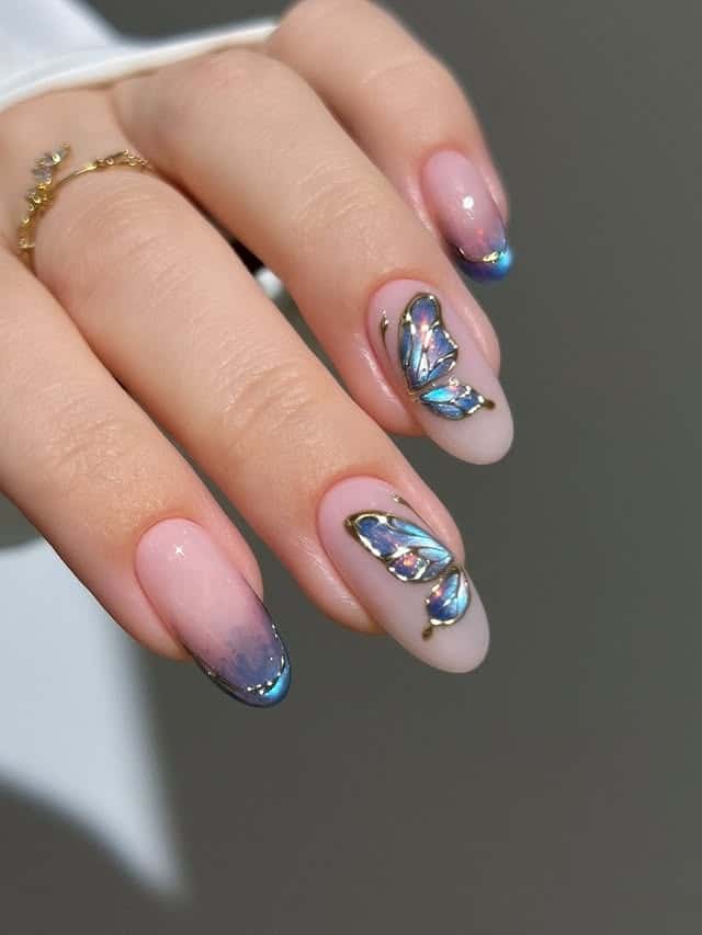 4. Milky Pink Blue Chrome Butterfly Nails - butterfly nail ideas