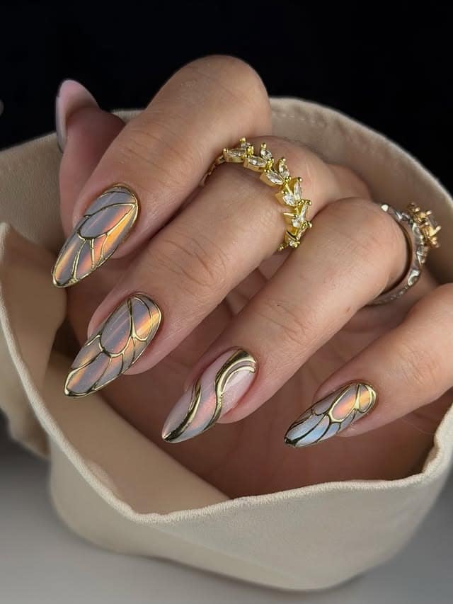 5. Champagne Chrome Stained-Glass Butterfly Nails - butterfly nail ideas