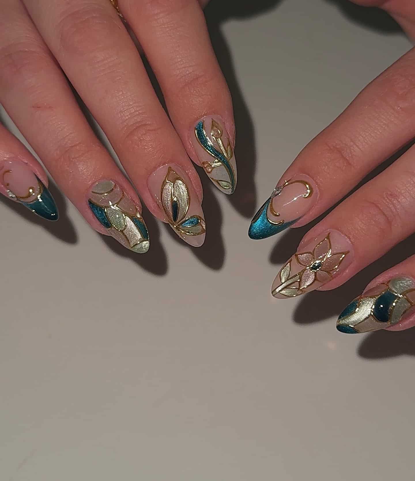 6. Teal and Gold Art Nouveau Butterfly Nails - butterfly nail ideas