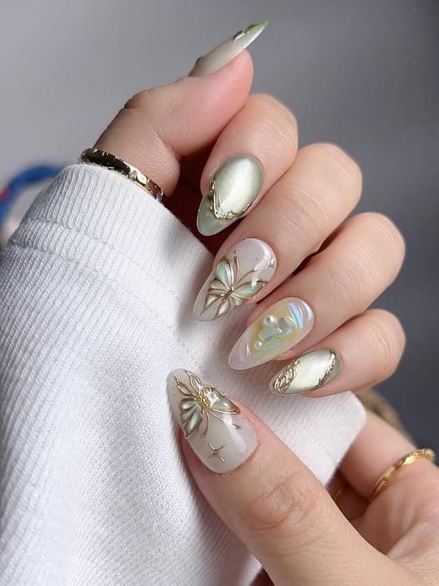 10. Pearl Sage 3D Butterfly Almond Nails - butterfly nail ideas