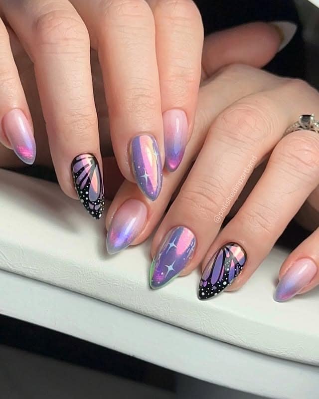 11. Pink and Purple Aurora Butterfly Wing Nails - butterfly nail ideas