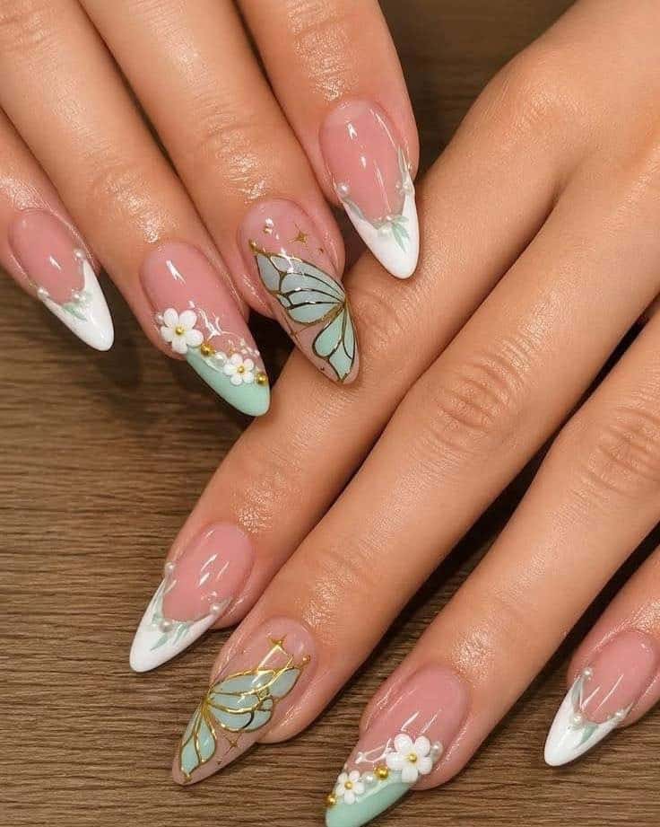 14. Mint Green Floral Butterfly French Nails - butterfly nail ideas