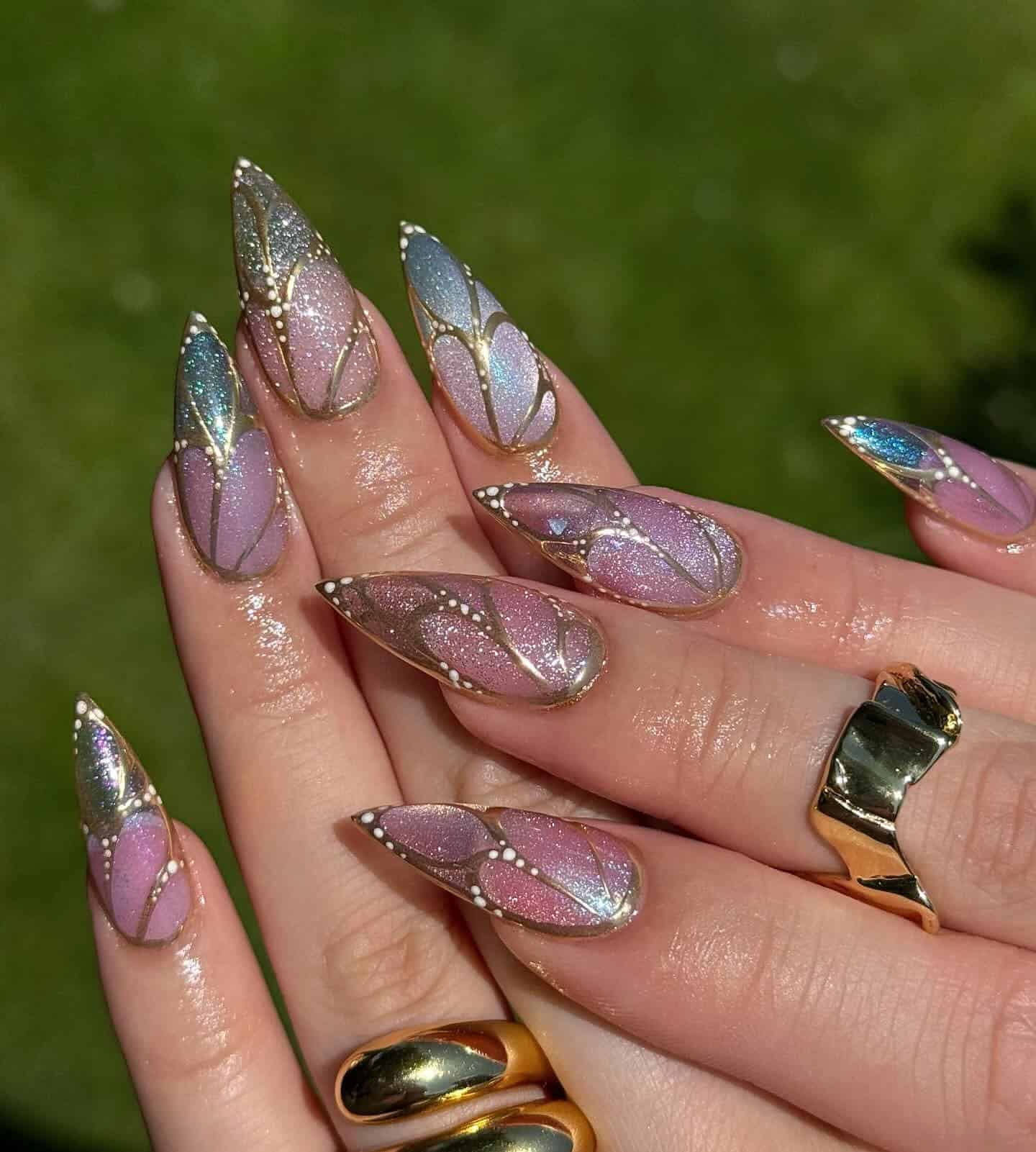 16. Pink and Blue Shimmer Butterfly Wing Nails - butterfly nail ideas
