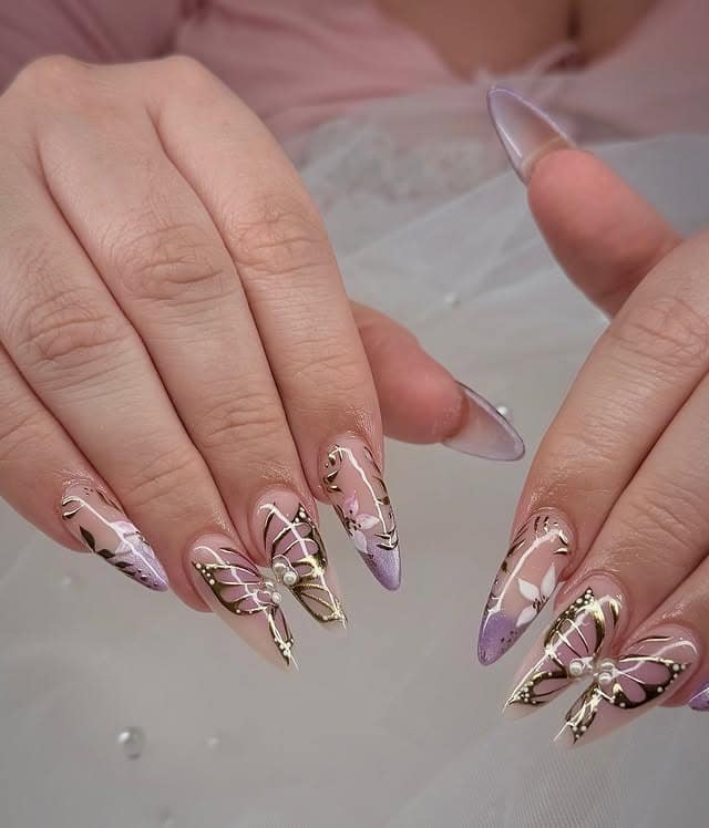 18. Lavender 3D Gold Butterfly Nails - butterfly nail ideas