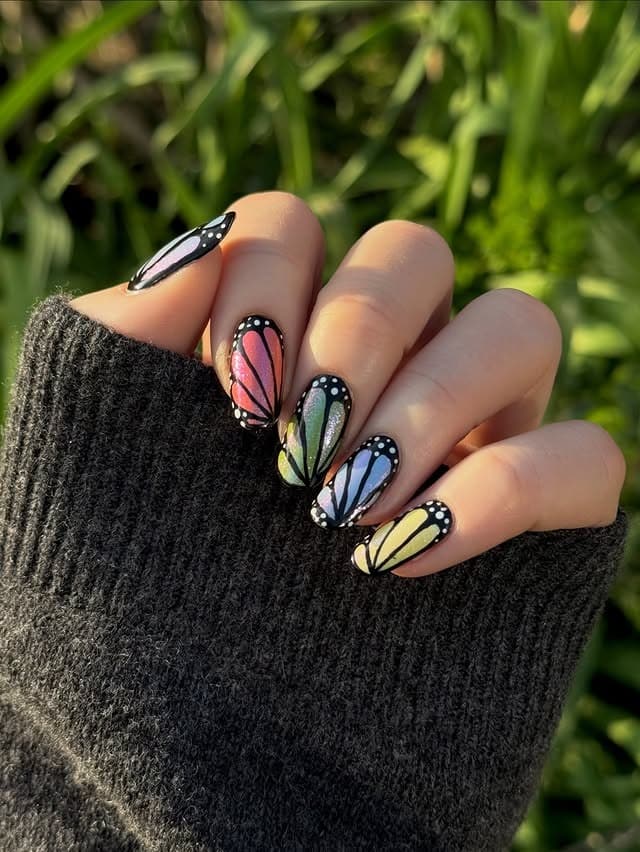 20. Rainbow Pastel Monarch Wing Nails - butterfly nail ideas
