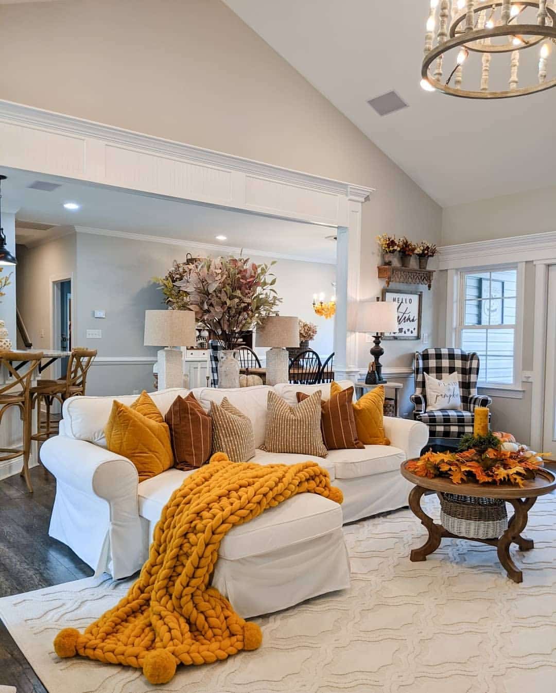 1. Mustard Yellow and Warm Brown Farmhouse Fall Living Room - fall living room ideas
