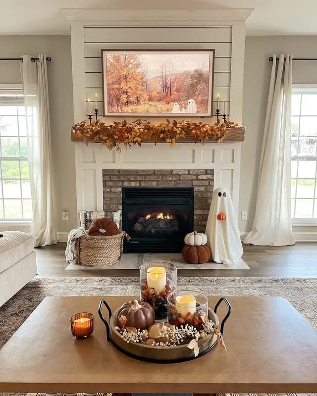 3. Cream, Pumpkin Brown and Black Fireplace Fall Living Room - fall living room ideas
