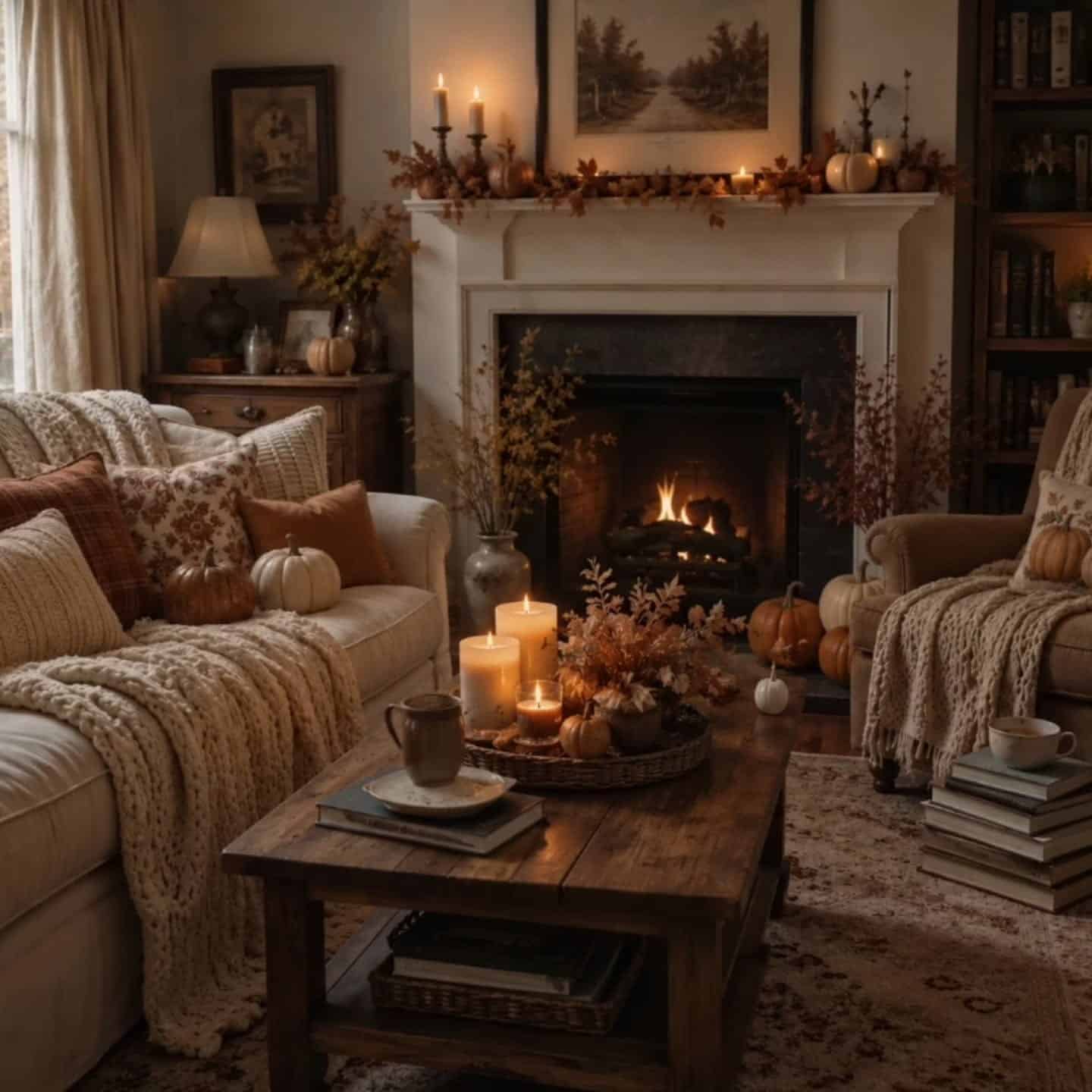 4. Rust, Caramel and Cream Cozy Fireplace Living Room - fall living room ideas