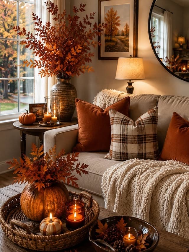 5. Rust Orange and Plaid Neutral Fall Living Room - fall living room ideas