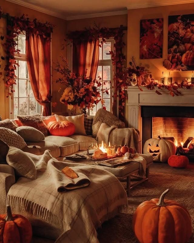 6. Burnt Orange and Burgundy Moody Halloween Living Room - fall living room ideas