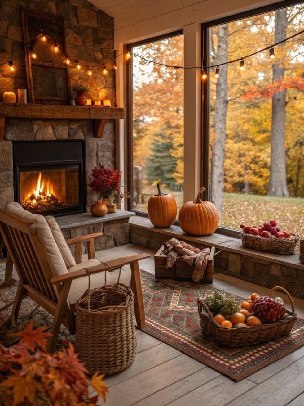 8. Pumpkin Orange and Rustic Stone Fall Sunroom - fall living room ideas