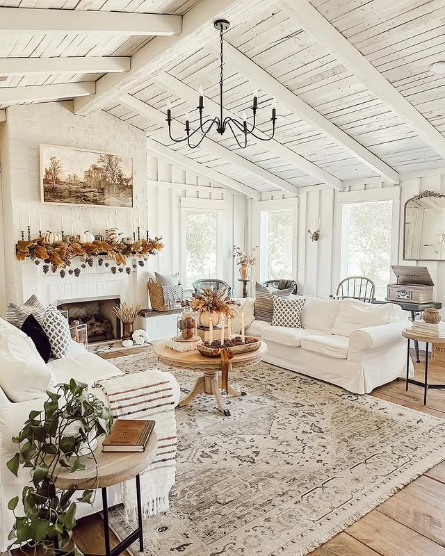 10. Soft White and Muted Brown Cottage Fall Living Room - fall living room ideas
