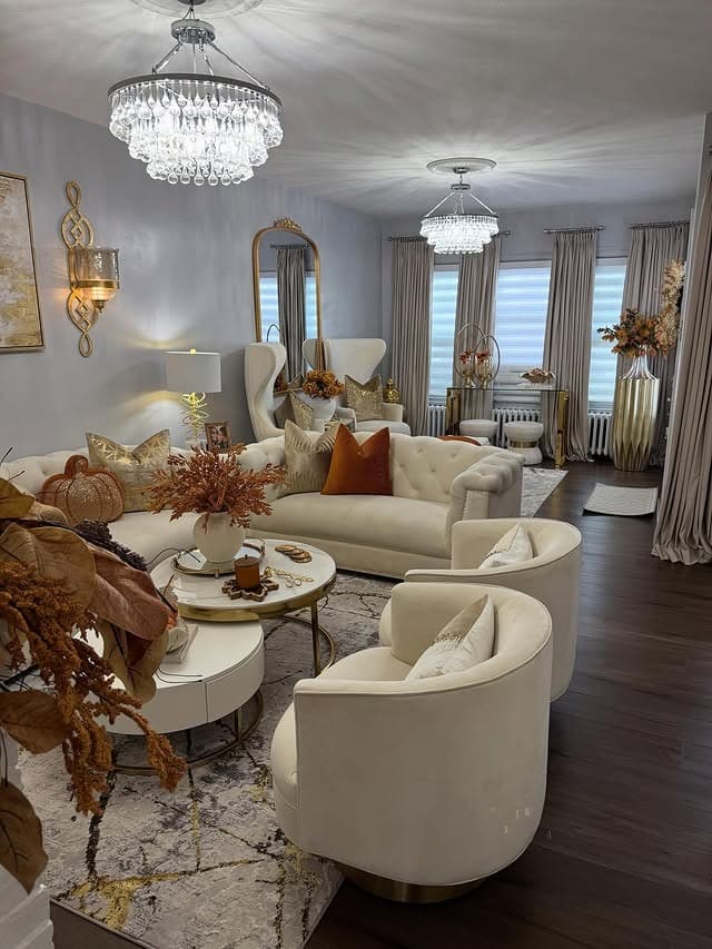 11. Burnt Orange and Ivory Glam Fall Living Room - fall living room ideas