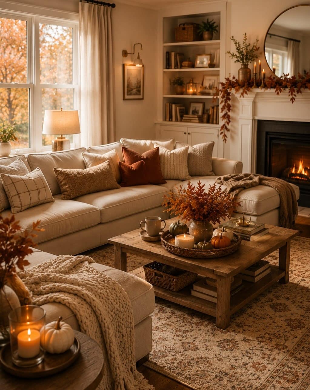 16. Rust Brown and Oatmeal Transitional Fall Living Room - fall living room ideas