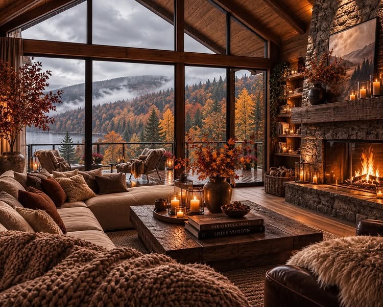 18. Deep Brown and Burnt Orange Mountain Lodge Fall Living Room - fall living room ideas